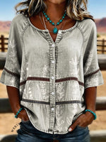 Women's Vintage Floral Print Casual Hollow-Out Denim Shirt