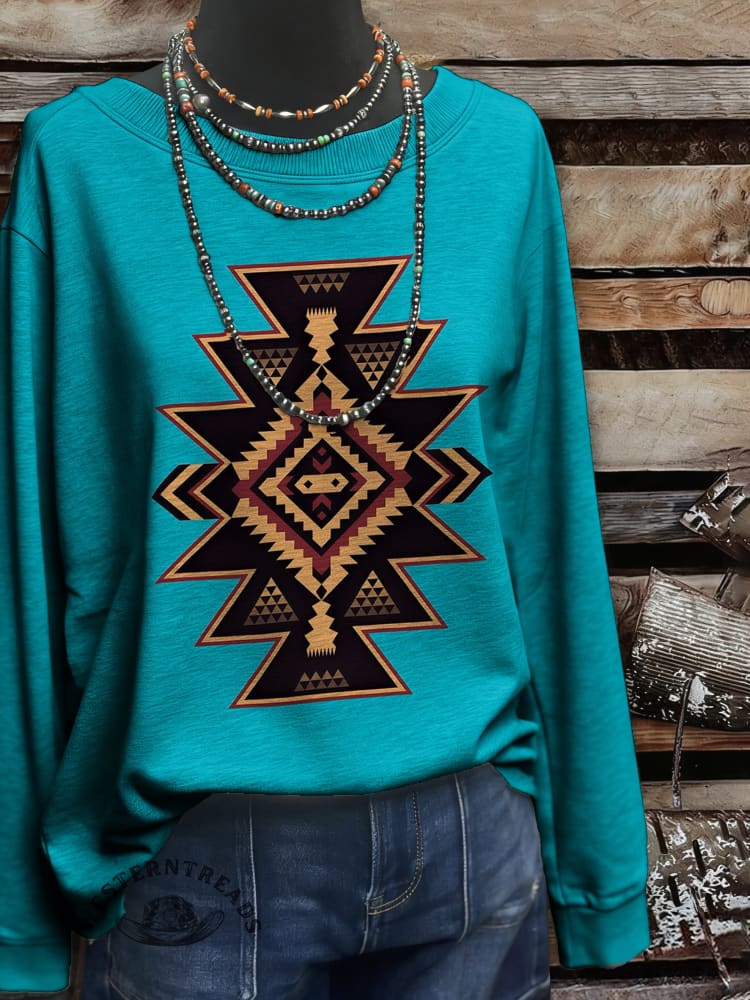 Vintage Aztec Art Print Casual Cotton Sweatshirt
