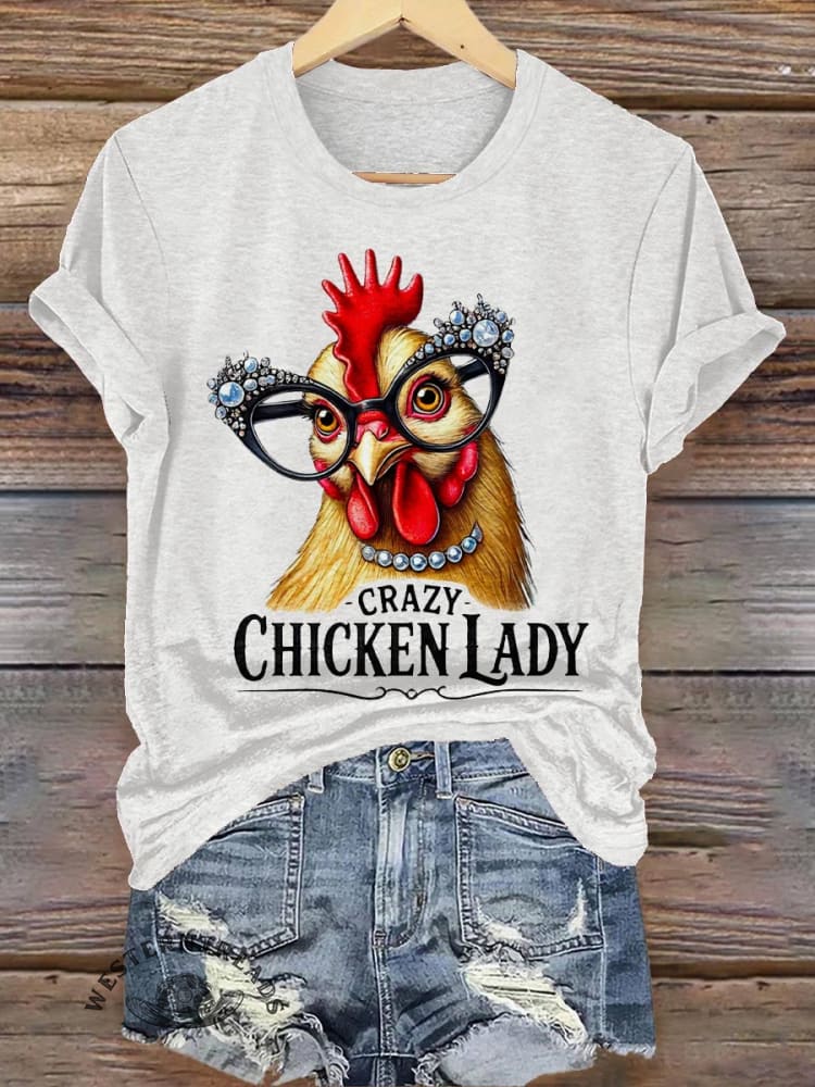 Crazy Chicken Lady Print Casual T-shirt