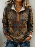 Retro Floral Texture Print Casual Half-Zip Cotton Sweatshirt
