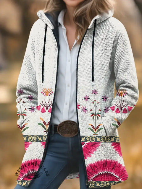 Retro Flower Unisex Plush Thick Long-sleeved Cardigan Coat