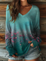 100% Cotton🍃Retro Floral Art Print Casaul V-collar Long Sleeve Tee
