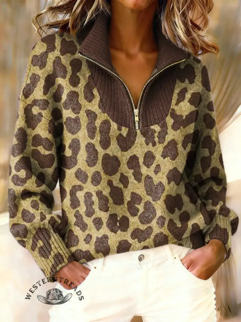 Leopard Print Zip Up Sweater with High Neck And Ribbed Panel