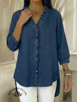 Women's Casual Denim V-Neck Ruffled Shirt