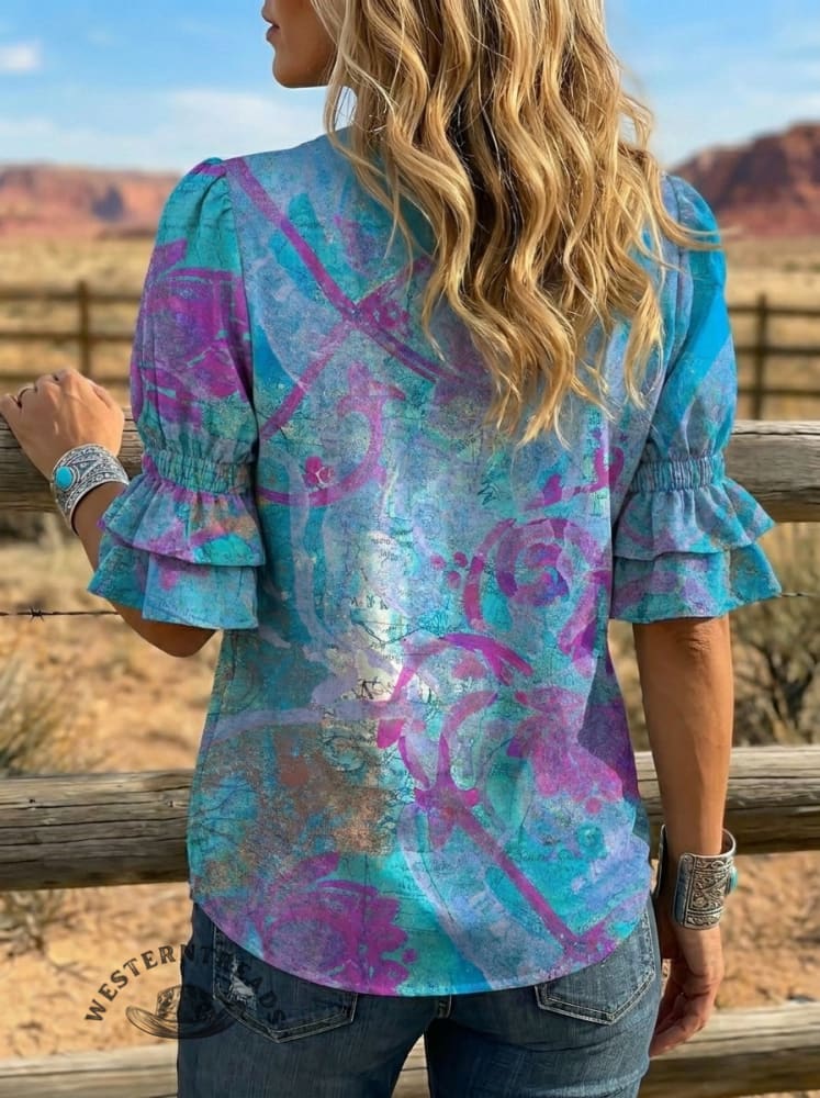Women's Retro Floral Art Puff Sleeve Casual Shirt