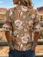 Women's Floral Cow Print Puff Sleeve Casual Shirt