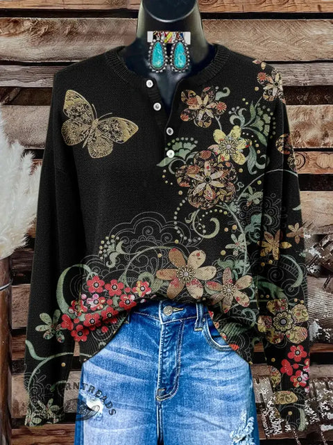 Retro Floral Art Print Buttoned Cardigan Sweater