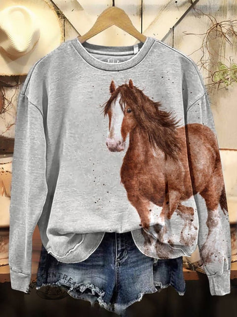 Horse Art Print Casual Cotton Sweatshirt