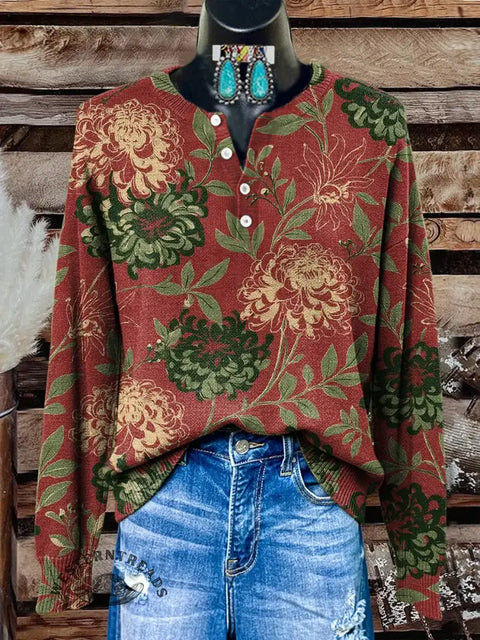 Retro Print Buttoned Cardigan Sweater