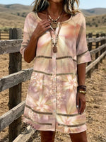 Vintage Floral Print Casual Hollow-out Denim Dress