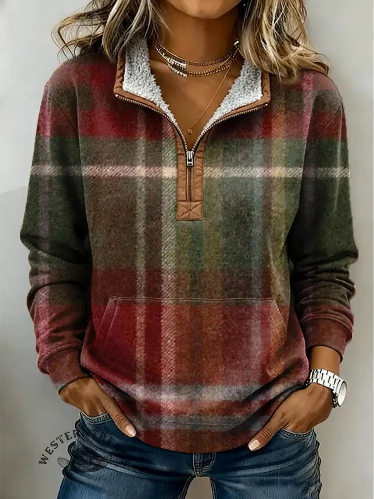 Christmas Color Plaid Print Casual Half-zip Cotton Sweatshirt