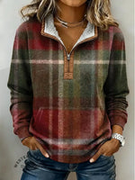 Christmas Color Plaid Print Casual Half-zip Cotton Sweatshirt