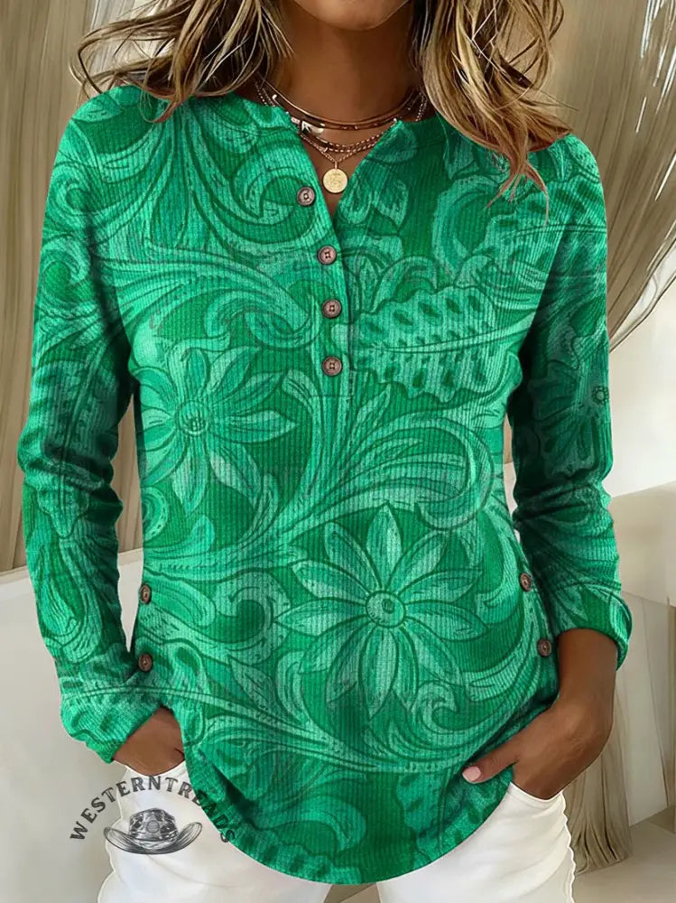 Women's Retro Floral Print Casual Cotton Shirt