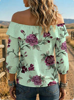 Women's Floral Art Casual Bow-neck Off Shoulder Shirt