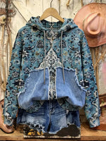 Retro Print Casual Cotton Patchwork Hooded Zip-up Sweatshirt
