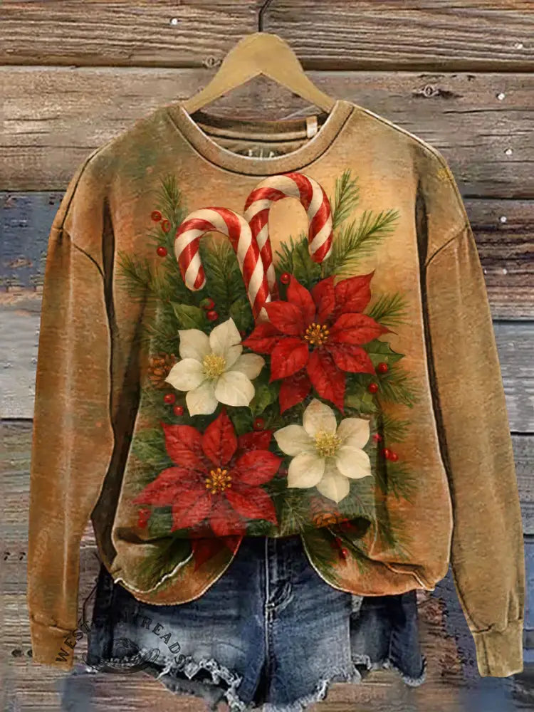 Vintage Christmas Candy Canes And Flowers Casual Cotton Sweatshirt