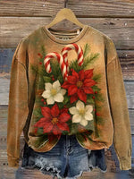 Vintage Christmas Candy Canes And Flowers Casual Cotton Sweatshirt