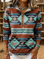 Retro Aztec Print Casual Half-zip Cotton Sweatshirt