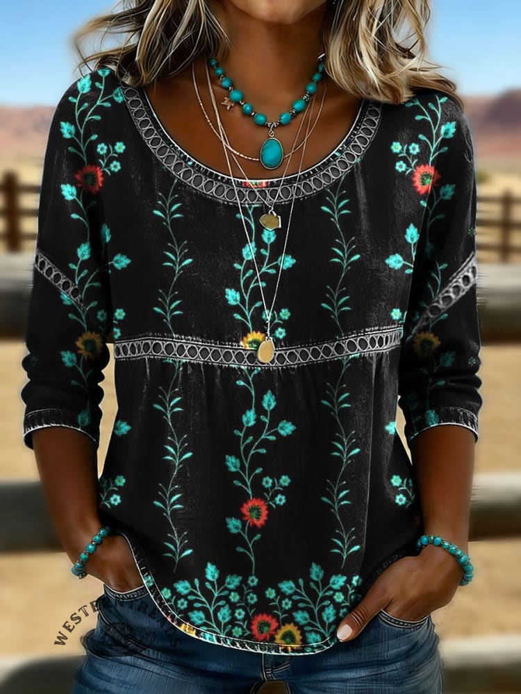 Vintage Floral Print Casual Short Sleeves Denim Shirt