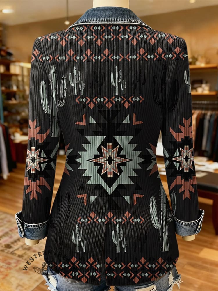 Retro Western Aztec Print Patchwork Denim Sweater Cardigan Coat
