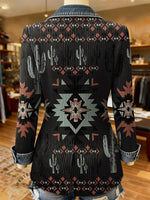 Retro Western Aztec Print Patchwork Denim Sweater Cardigan Coat