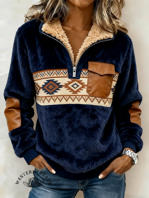 Casual Aztec Plush Half-Zip Cotton Sweatshirt
