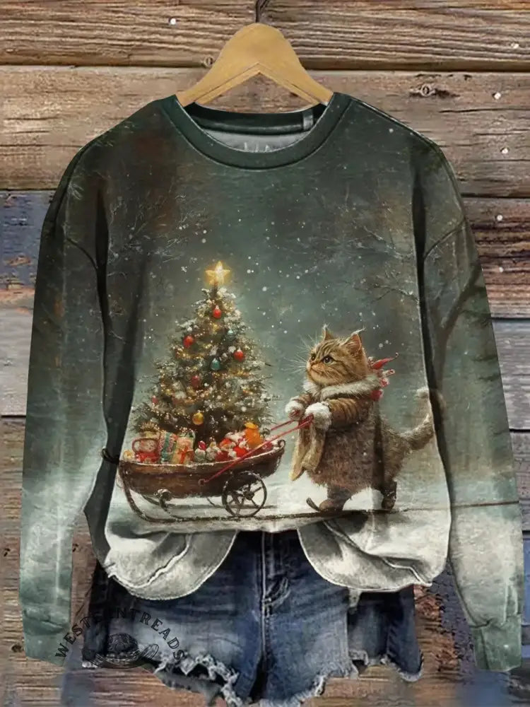 Christmas Cat Art Print Casual Sweatshirt