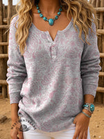 Floral Art Print Buttoned Cardigan Sweater