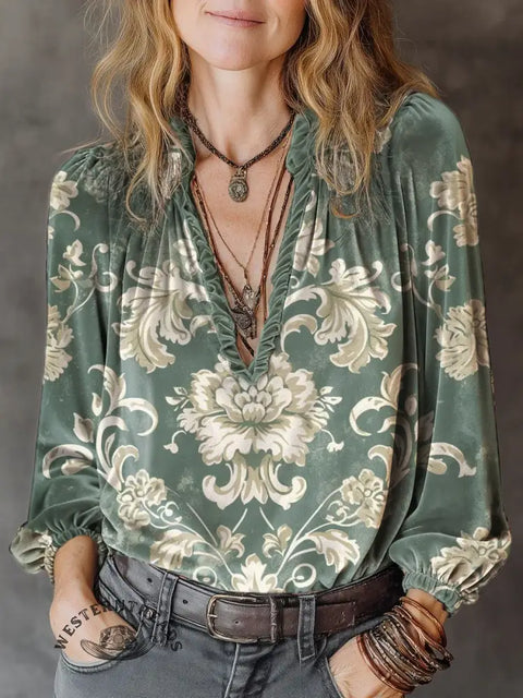 Retro flower V-neck long-sleeved shirt
