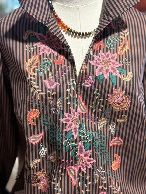 Women's Striped Floral Print Cotton Shirt