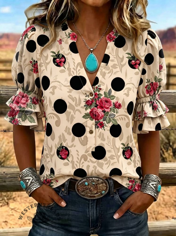 Women's Floral Cow Print Puff Sleeve Casual Shirt