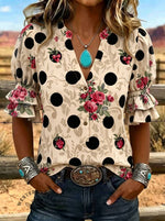 Women's Floral Cow Print Puff Sleeve Casual Shirt