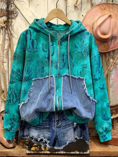 Retro Western Print Casual Cotton Patchwork Hooded Zip-up Sweatshirt