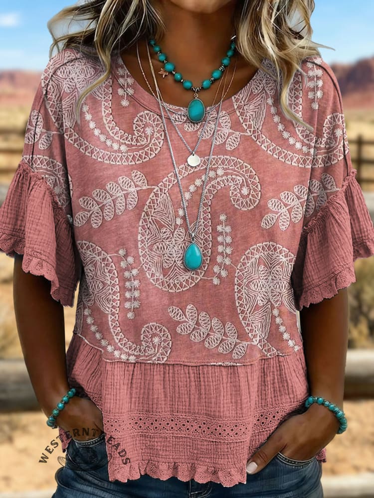 Vintage Floral Print Hollowed Out Lace Patchwork T-shirt