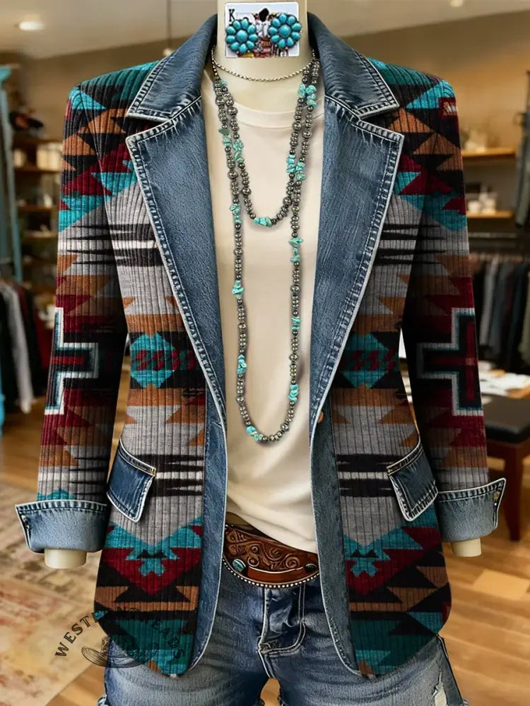 Retro Aztec Print Patchwork Denim Sweater Cardigan Coat
