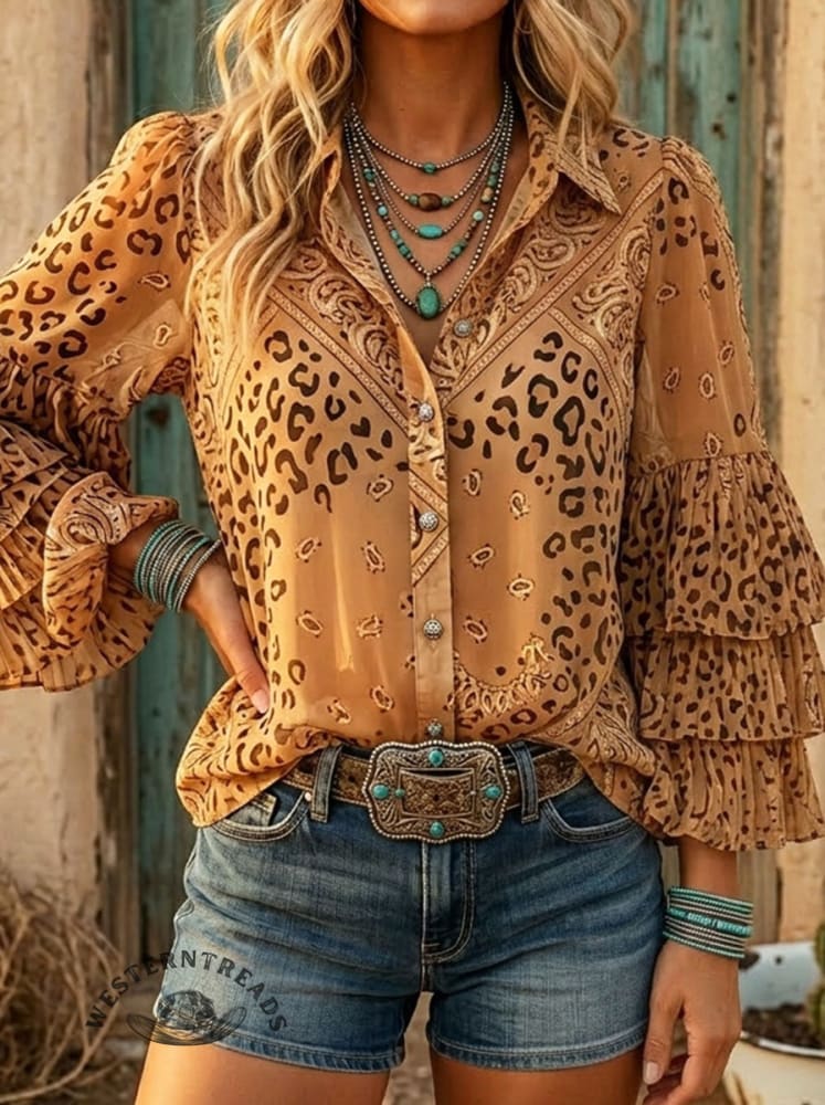 Women's Wild West Leopard Print Casual Ruffle Shirt