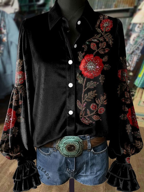 Women's Retro Floral Print Casual Cotton Shirt