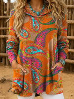 Vintage Paisley Art Print Casual Knitted Pocket Hooded Tunic Top