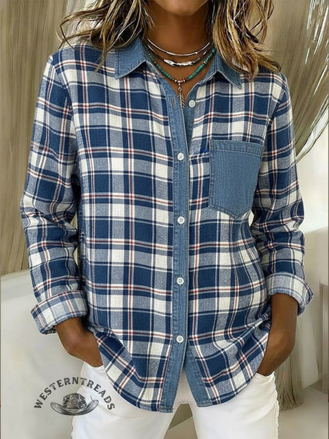 Women's Plaid Print Patchwork Denim Casual Cotton Shirt