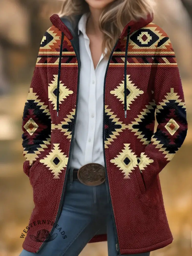 Aztec Print Unisex Plush Thick Long-Sleeved Cardigan Coat