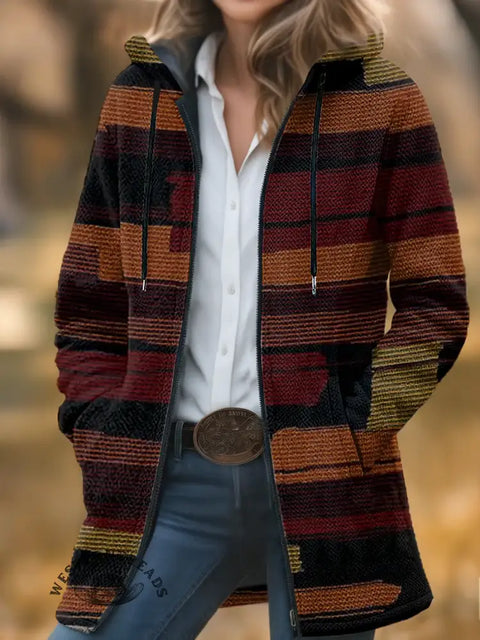 Retro Colorful Stripes Unisex Plush Thick Long-sleeved Cardigan Coat