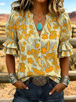 Women's Floral Print Puff Sleeve Casual Shirt