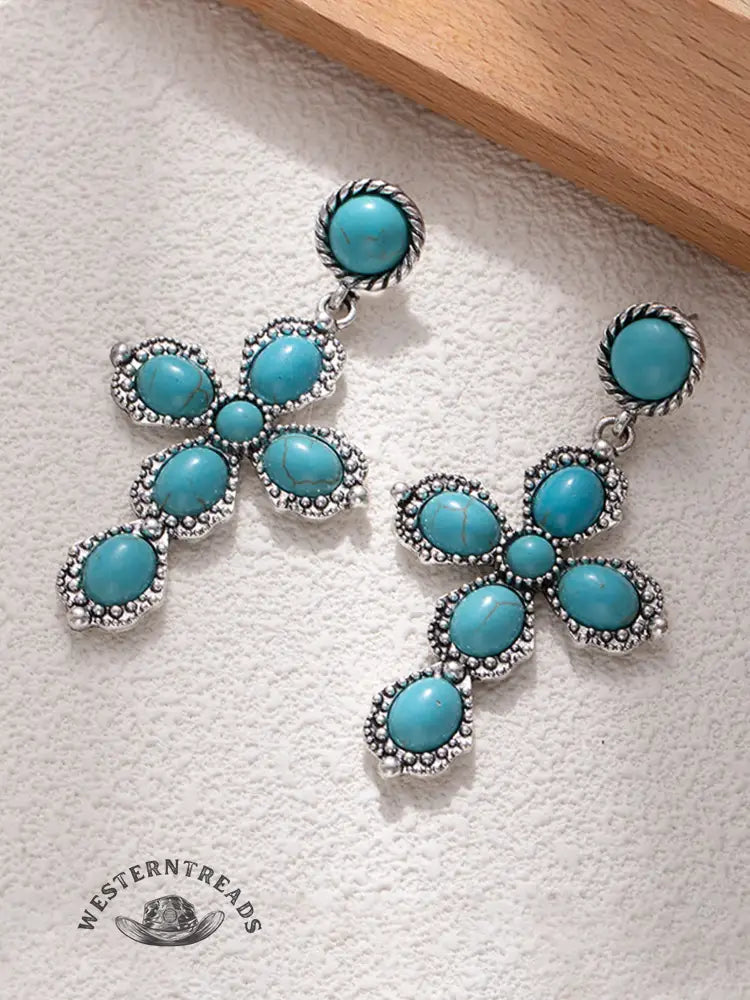 Vintage Bohemian Style Oval Turquoise Cross Earrings