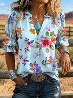 Women's Retro Floral Art Puff Sleeve Casual Shirt