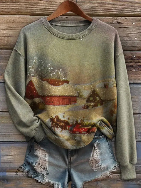 Women's Retro Christmas Art Print Casual Sweatshirt