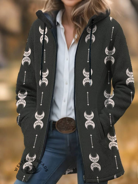 Moon Print Unisex Plush Thick Long-sleeved Cardigan Coat