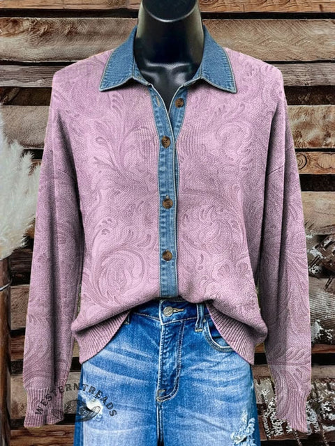 Denim Floral Polo Collar Button Cardigan Sweater