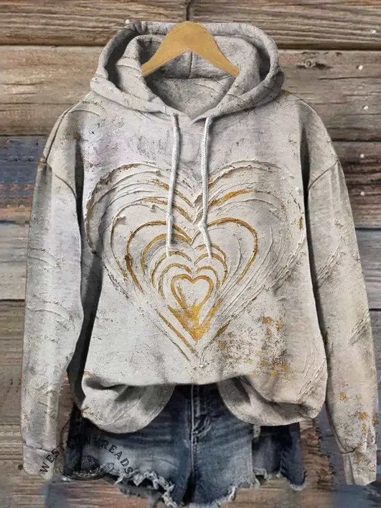 Vintage Heart Art Print Casual Cotton Hooded Sweatshirt