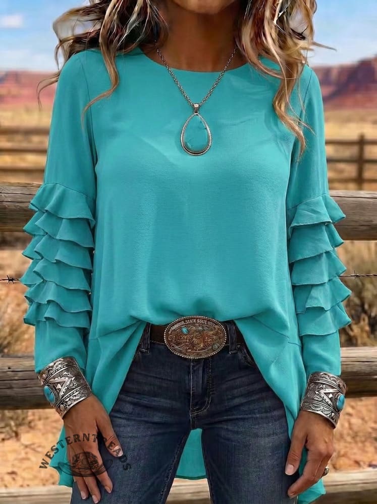 Women's Casual Solid Color Crewneck Ruffle Layered Long Sleeve Blouse Top
