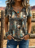 Vintage Cute Donkey Art Print Western Henley Neck T-shirt